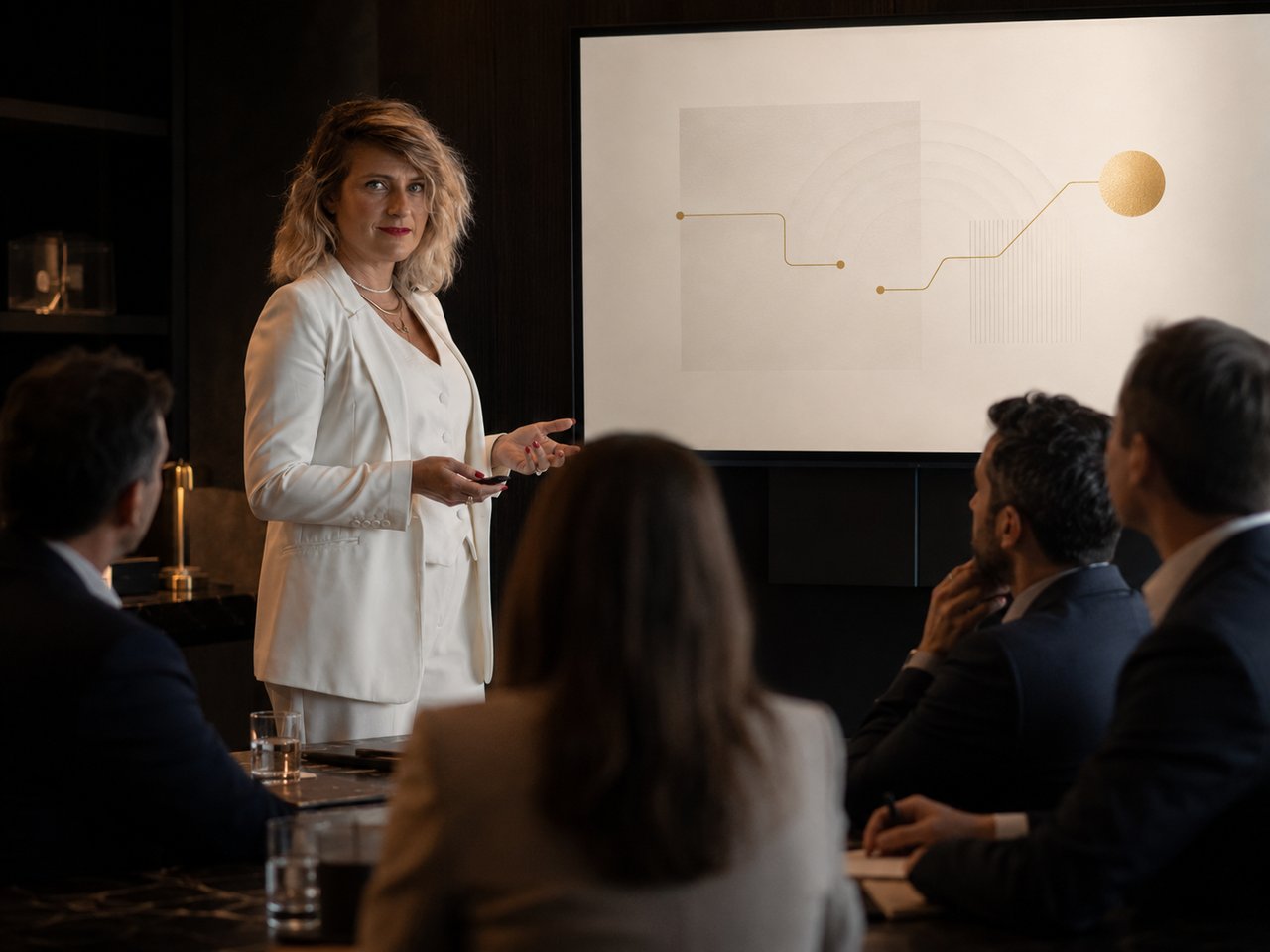 Anna Mazarsky presenting an investor narrative to a seated boardroom audience.