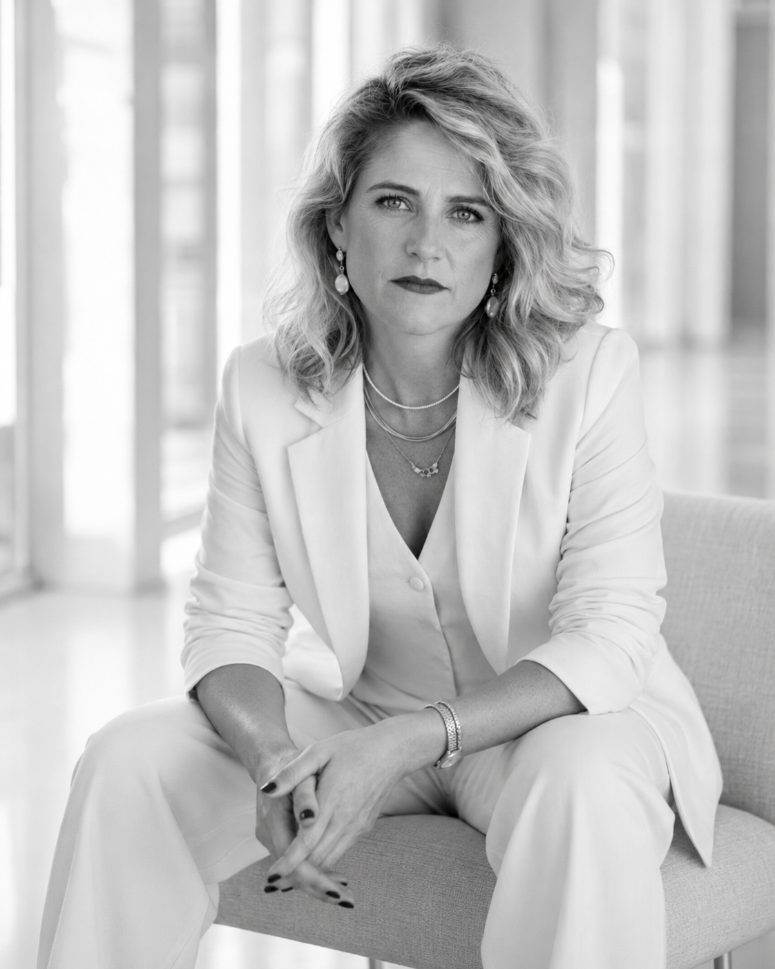 Anna Mazarsky in a white suit, seated, black and white portrait.